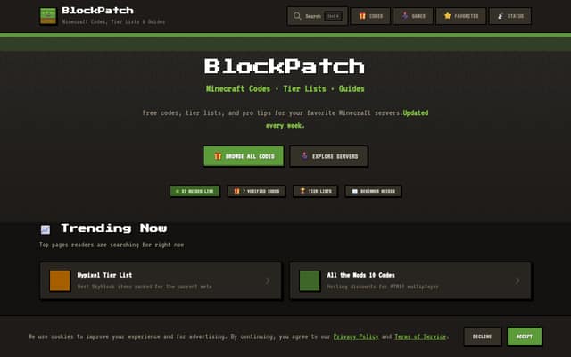 BlockPatch Minecraft codes website homepage