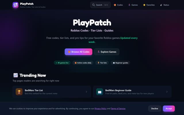 PlayPatch Roblox codes website homepage